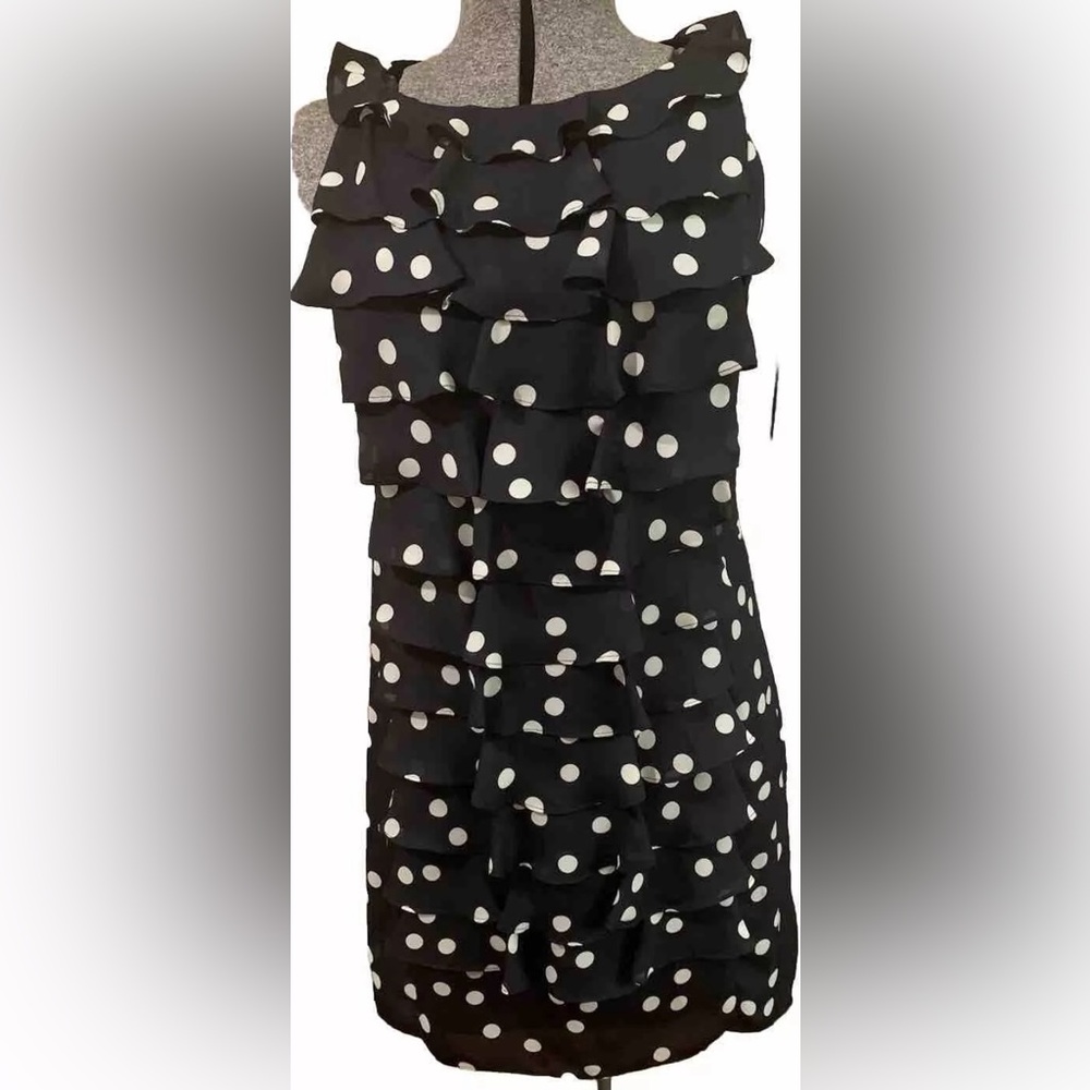 Adrianna Papell black sleeveless ruffled polka dot sheath dress Sz 12